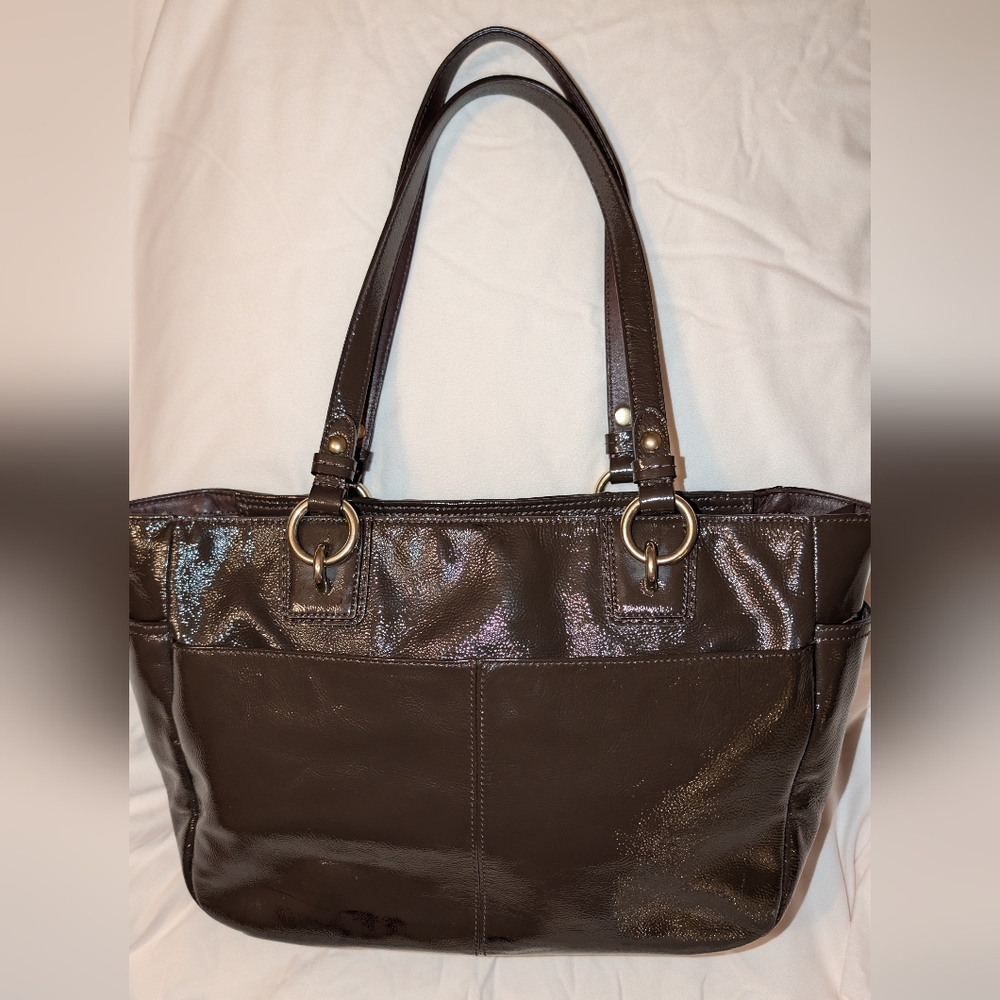Coach Gallery Patent Leather Zipper Pocket Satchel Shoulder Bag Brown GUC - Picture 3 of 16